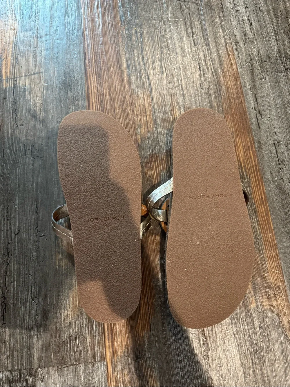 Tory Burch Metallic Silver Logo Thong Sandals with Tan Footbed